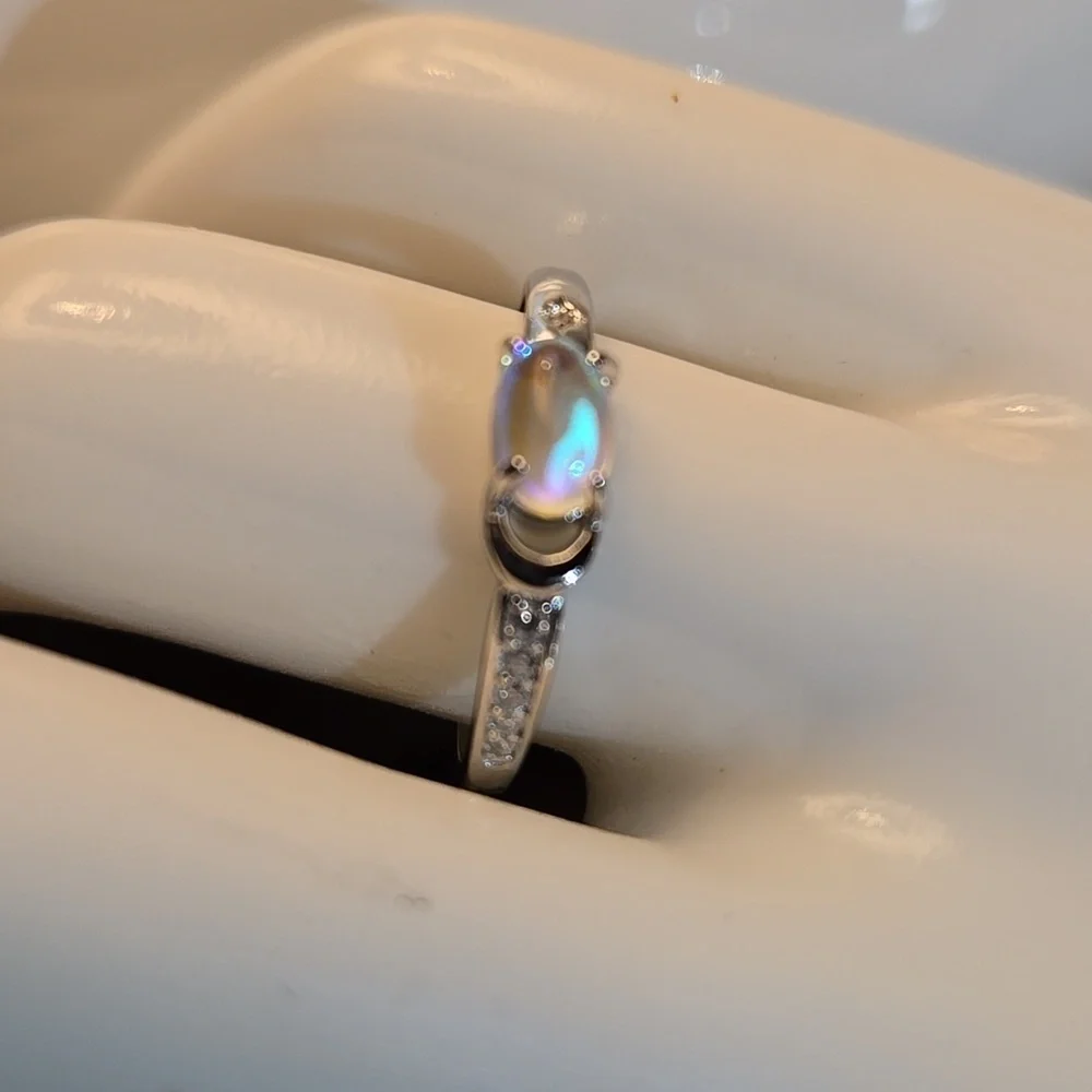 Silver-plated S925 Moonstone Ring with Star and Moon Women size 7